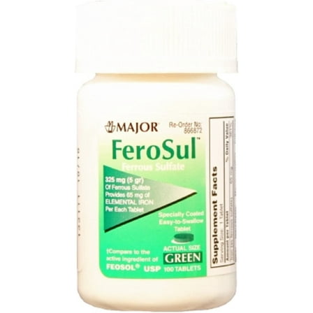Major Pharmaceutical Ferosul Ferrous Sulfate 325mg, Iron Supplement, Green 100 Tablets (2 Pack)