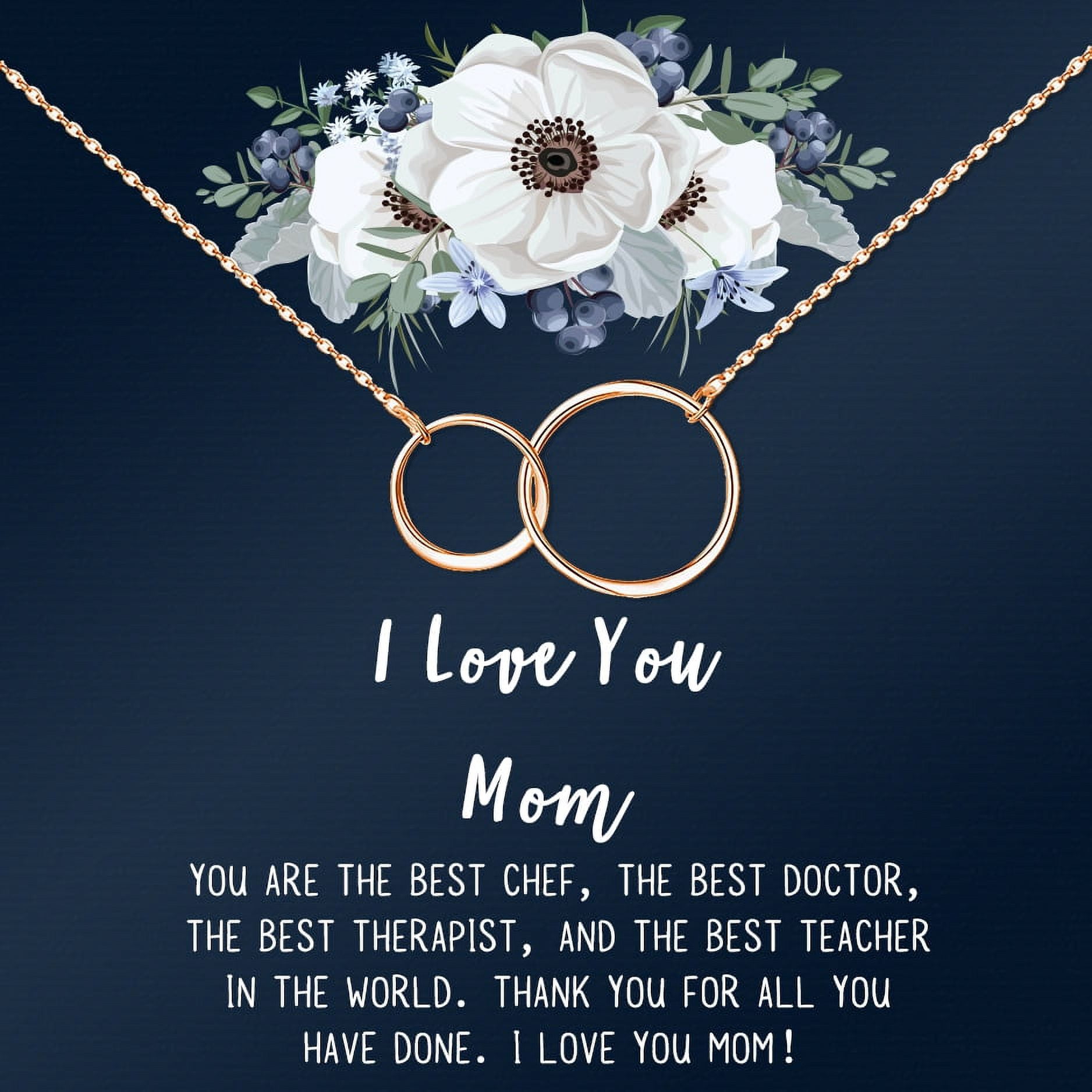 I Love You Mom, Jewelry with Gift Wrapping, Card - Gifts for Mom, Daughter, Birthday, Mothers Day, Two Infinity Ring Necklace for Women [Rose Gold Infinity Ring, No-Personalized Card]
