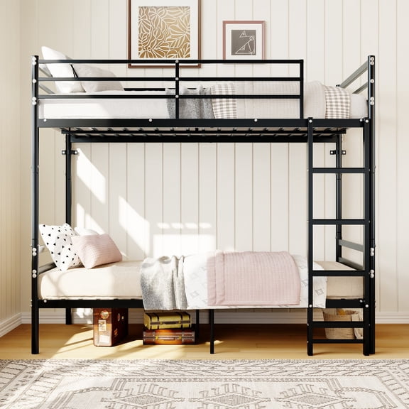 Twin Over Twin Metal Bunk Bed, Heavy Duty Bunk Beds with Safety Guardrail & Ladder, Space-Saving Bed Frame, Metal Slats Support, No Box Spring Needed, Black