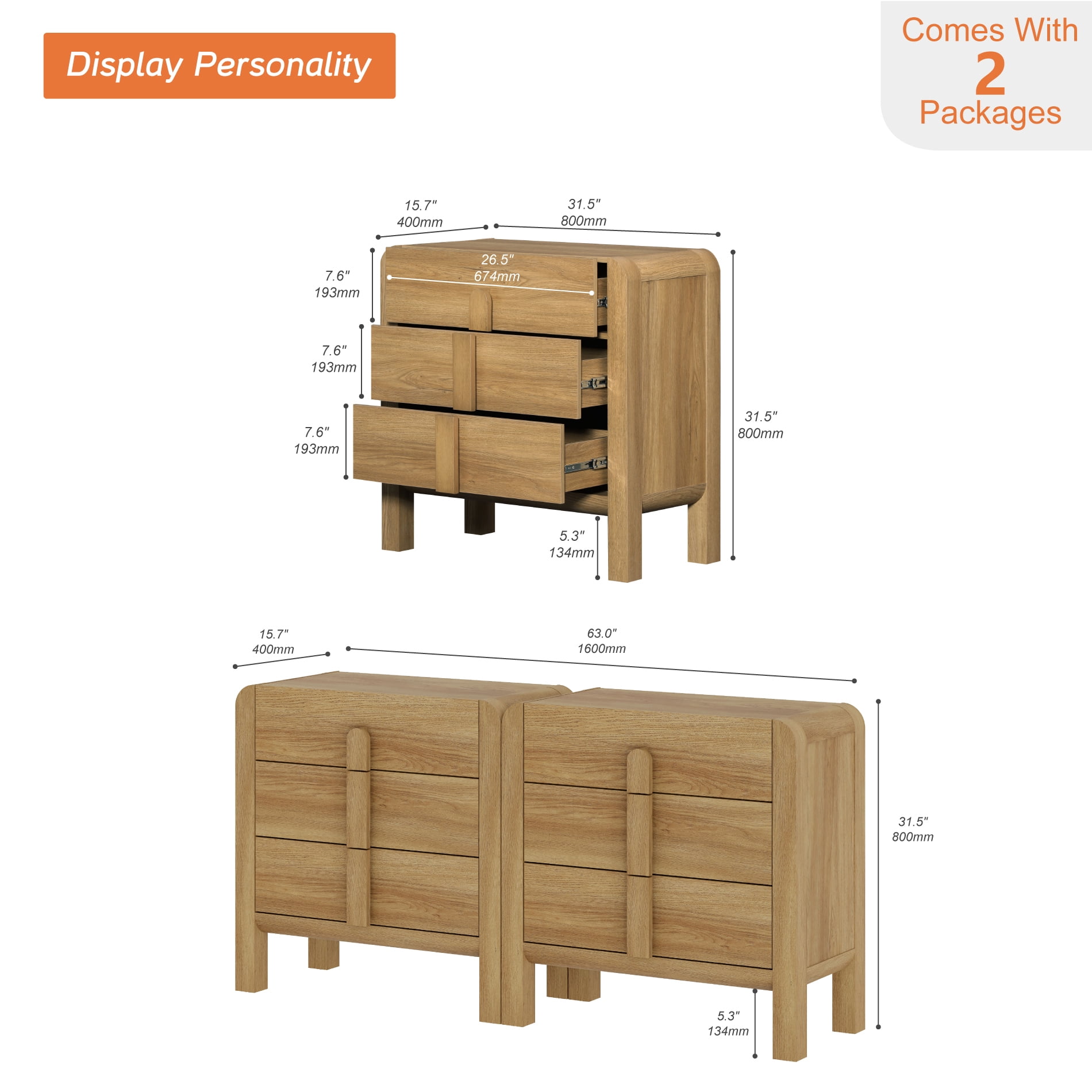 3 Drawer Curved Dresser for Bedroom Set of 2, Mid Century Modern Chest of Drawers, Wood Storage 6 Drawer Dresser Organizer for Bedroom Living Room Hallway Closet