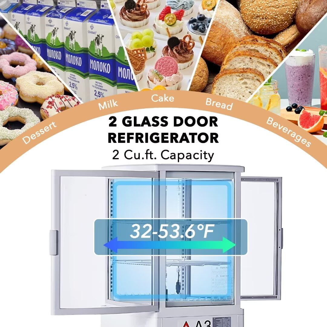 Commercial Refrigerator Display Case 2 Cu.FT, Double-Layered Glass Display Cake Fridge with Interior LED Lighting, Adjustable Shelves