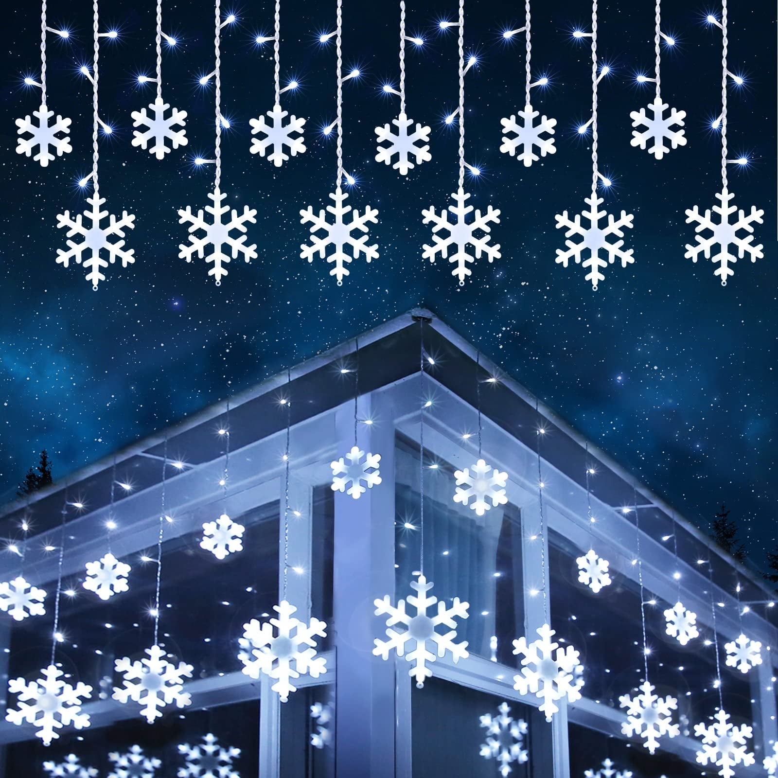 Christmas Snowflake Lights Outdoor, 17.22ft 264 LED Snowflake Icicle Lights  with 22 Drops, Connectable, Modes Waterproof White Christmas Lights for  Curtain, Eaves, Window, Xmas Decorations