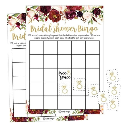25 Pink Flower Bingo Game Cards For Bridal Wedding Shower and Bachelorette Party, Bulk Blank Squares To Fill In Gift Ideas, Funny Supplies For Bride and Couple PLUS 25 Wedding Ring Bingo Chip Markers