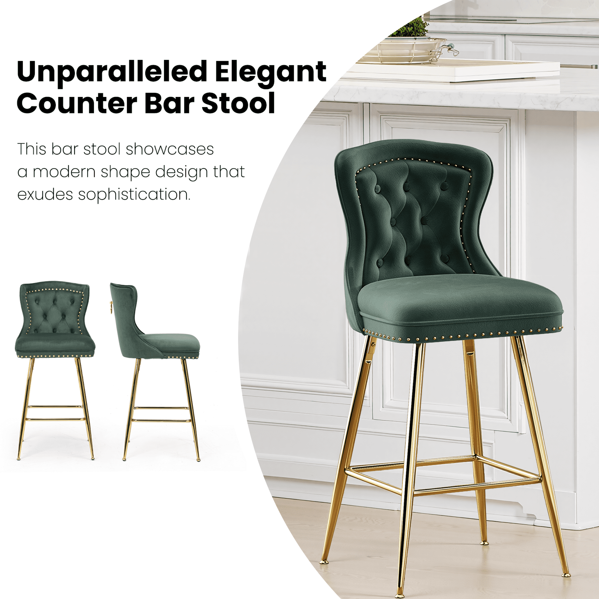 MAYEERTY Green Velvet Bar Stools Set of 2, Button-Tufted Wing-Back,Metal Legs for Kitchen Island & Pub