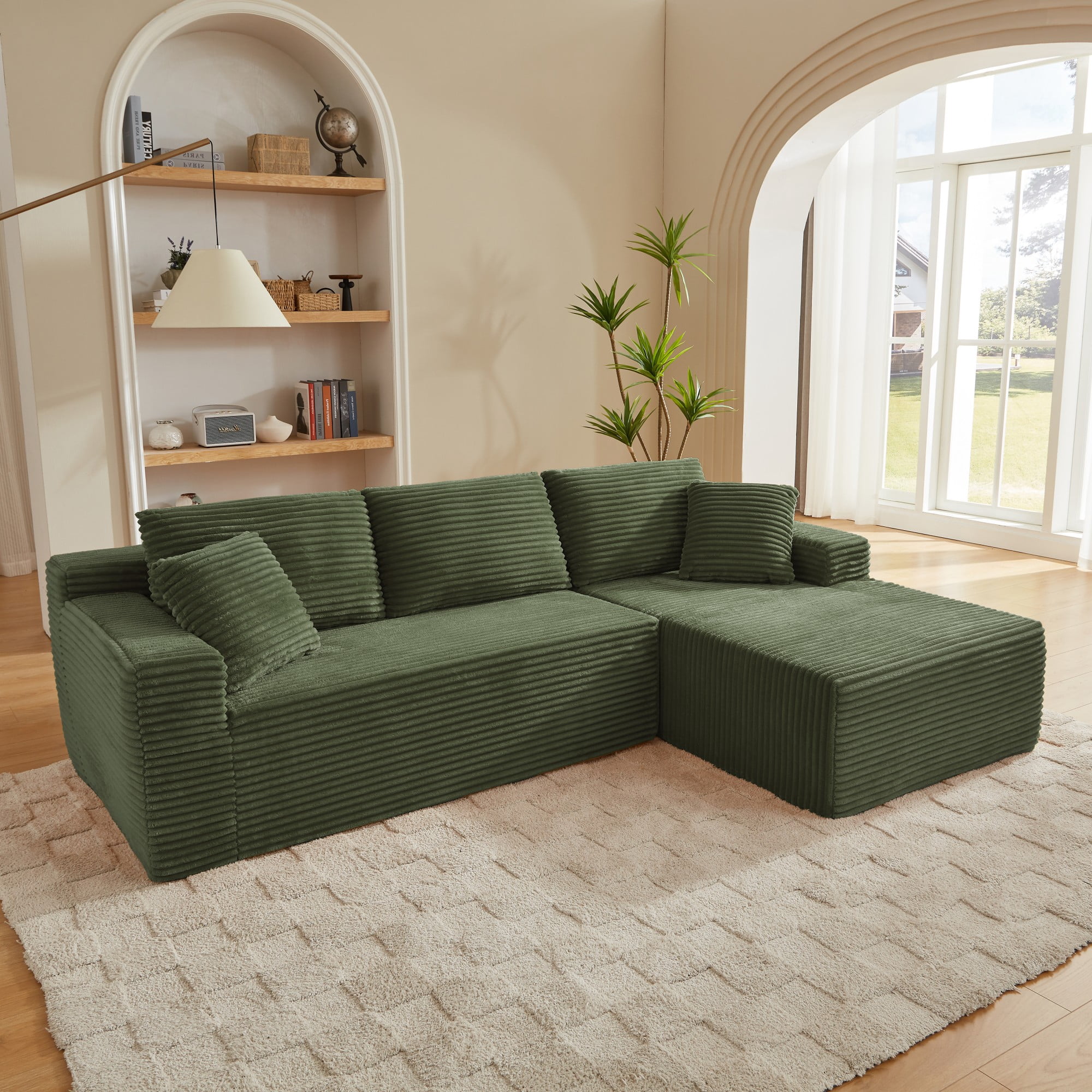 Aukfa 103" Modular Cloud Sectional Sofa, L-Shaped Boneless Couch with Right-Facing Chaise, Deep Seat Corduroy Sleeper Sofa for Living Room, Green