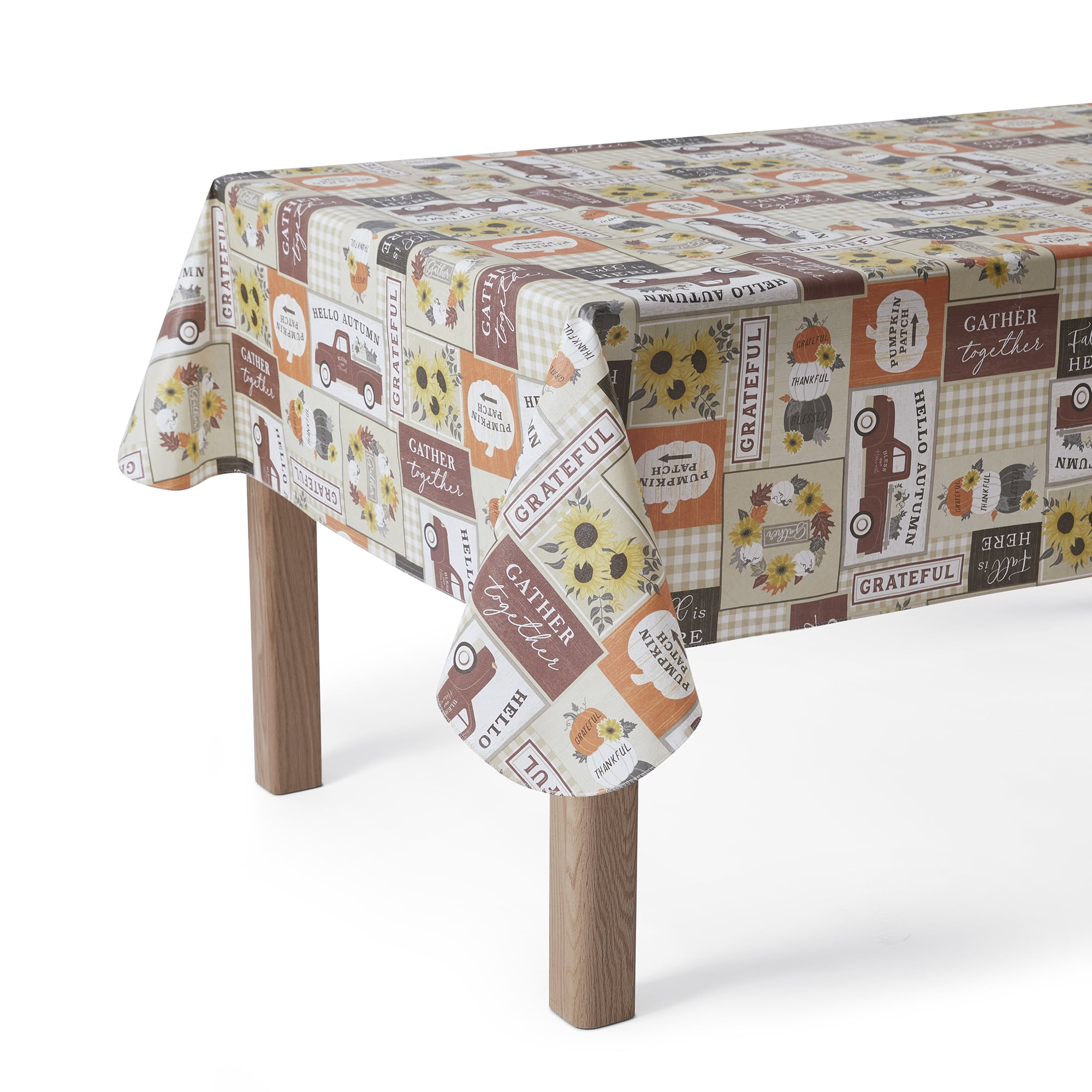 (2 pack) Way To Celebrate Harvest Autumn Patchwork Peva Tablecloth, Fall Décor 70" Round - Beige