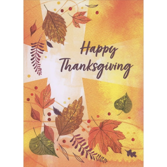 Designer Greetings Brown, Orange, and Green Falling Leaves Over Wide White Cross Religious Thanksgiving Card