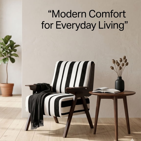 GOMYHOME Modern Striped Accent Chair with Solid Wood Arms and Legs, Black White Fabric