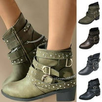 Knee High Boots Women TKYCMSUAKI Women's Goth Leather Block Heel Ankle Boots Fashion Studded Ankle Strap Trim Punk Boots Winter Side Zipper Motorcycle Short Booties