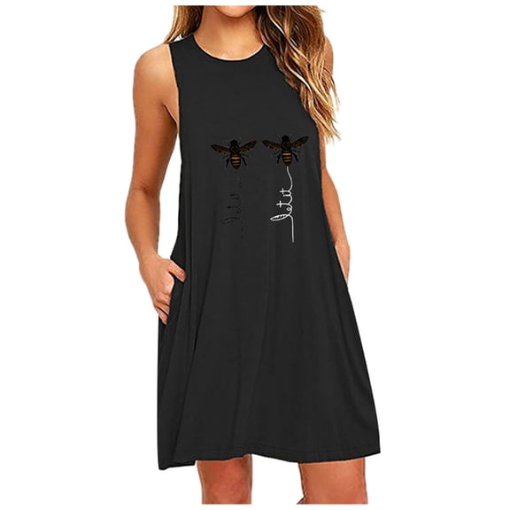 IROINNID Shift Dress For Women Round Neckline Fashion Pocket Night Dresses Prints Elastic Waist Sleeveless Dress