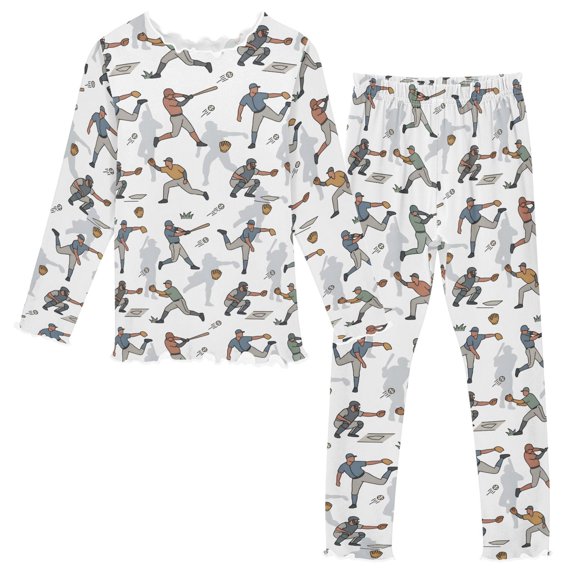 Baseball Long Sleeve Snug Fit Pajama Set 2 Piece Soft Warm Fleece Top and Pants Sleepwear PJs