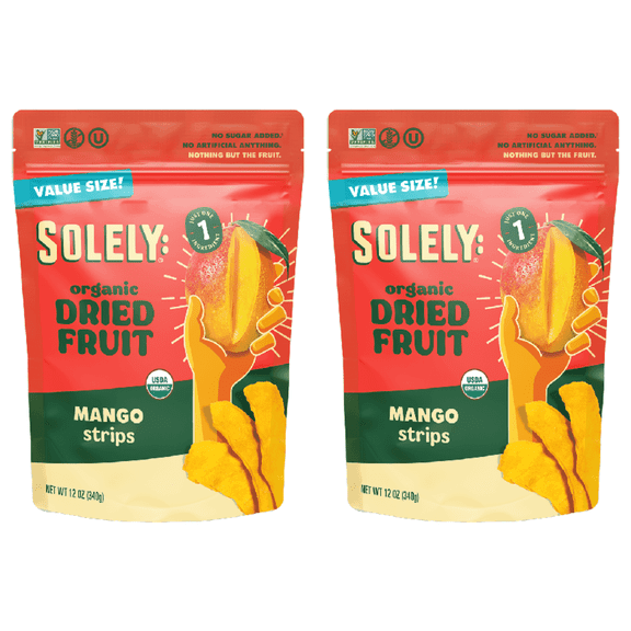 SOLELY Organic Dried Mango Strips (12 oz Resealable Bags, pack of 2), Real Fresh Fruit, 1 Ingredient, Healthy Snacks for All, Vegan, 2 Bags (24 oz)
