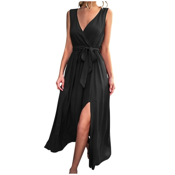 USSUMA Beach Dresses for Women Casual Summer High Slit Loose Flowy Maxi Long Sun Dress Solid Sleeveless Plus Sundresses V Neck Vacation Dress Wedding Guest