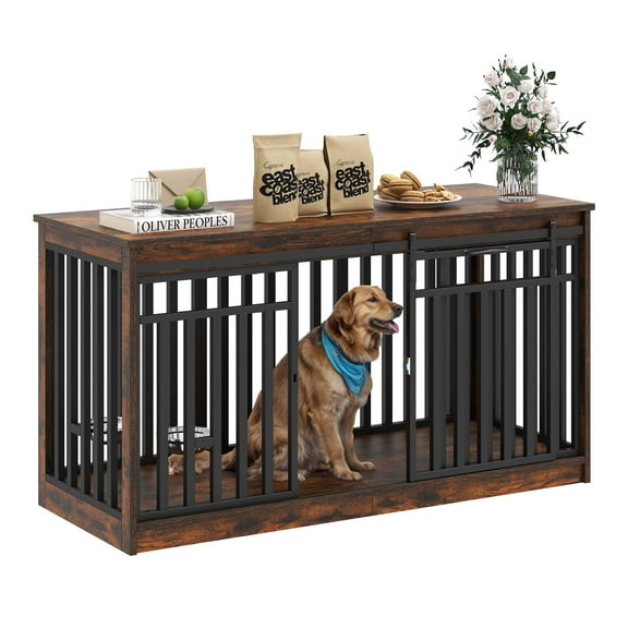 Uforic 55.1 Inch Large Dog Crate Furniture, Heavy Duty Wood Dog Kennel,Dog Cage with Sliding Doors, 2 Dog Bowl for Extra Large Dogs,Medium Dogs - Rustic Brown