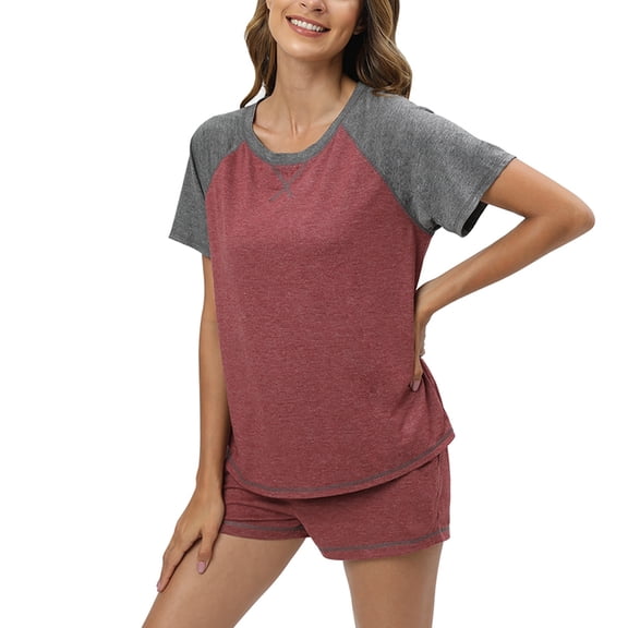 WBQ Summer Pajamas for Women Shorts PJ Set Color Block Short Sleeve Top Sleepwear and Drawstring Shorts with Pockets 2 Piece Loungewear Sleepwear Crew Neck Pjs Set S-2XL