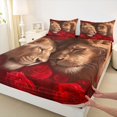 thumbnail image 3 of Homewish Romantic Lion Animal Queen Sheet Sets, Red Rose Flower Flat Sheet, Couple Valentine's Day Queen Fitted Sheet, Lightweight Room Decor, 4pcs, 3 of 7