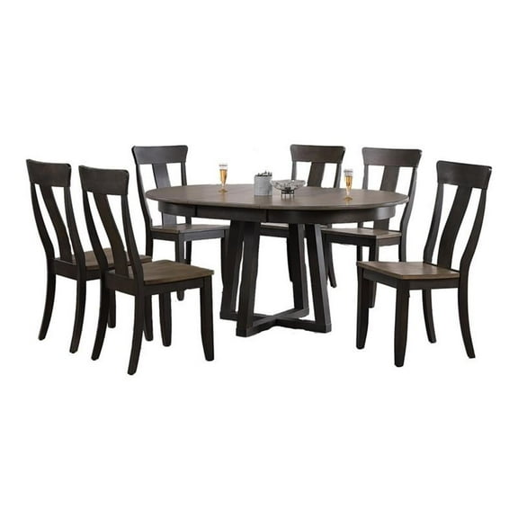 7-Pc Panel Wood Pedestal Dining Set in Gray/Black Stone