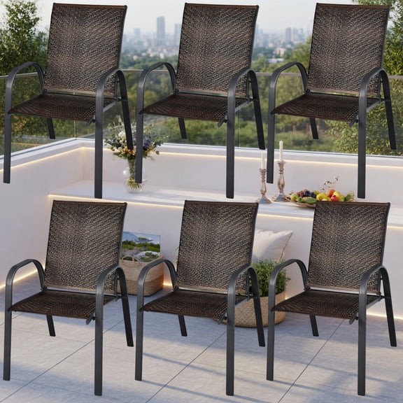 GVN Set of 6 Outdoor PE Wicker Stackable Chairs with Sturdy Steel Frame-Brown, Outdoor Furniture Chairs for Backyard, Porch, Garden, Poolside