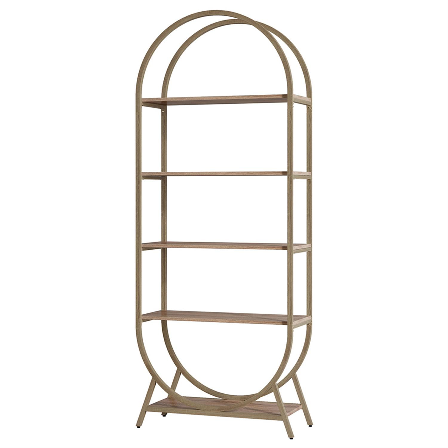 Demi Bonn 5 Tier Open Bookshelf, Wood and Metal Bookcase Storage Organizer, 71" Tall Arched Display Standing Shelf Unit for Bedroom, Living Room, Beige