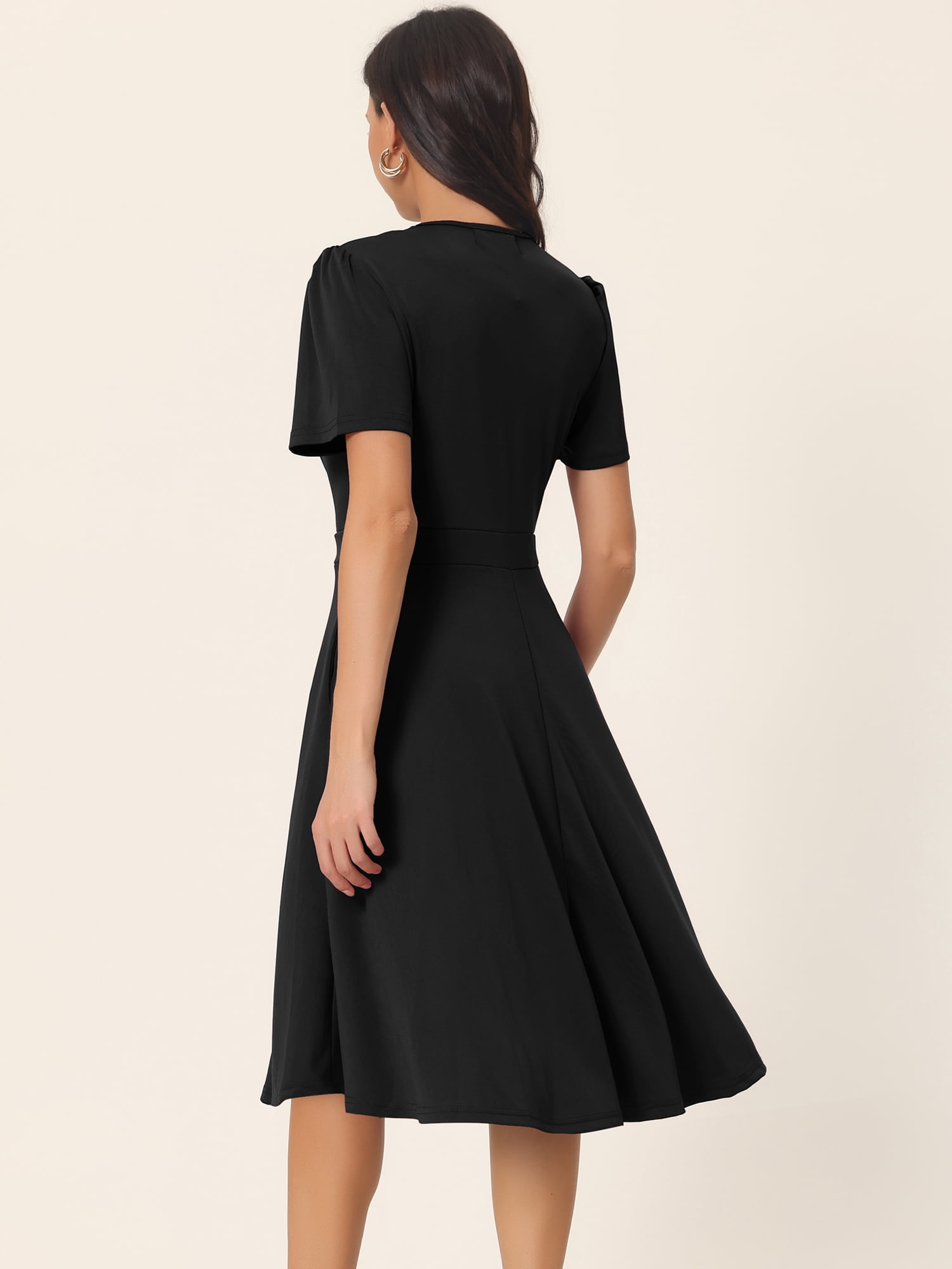 Unique Bargains Women's Summer Wrap V Neck Puff Short Sleeve Midi Swing Dress XL Black