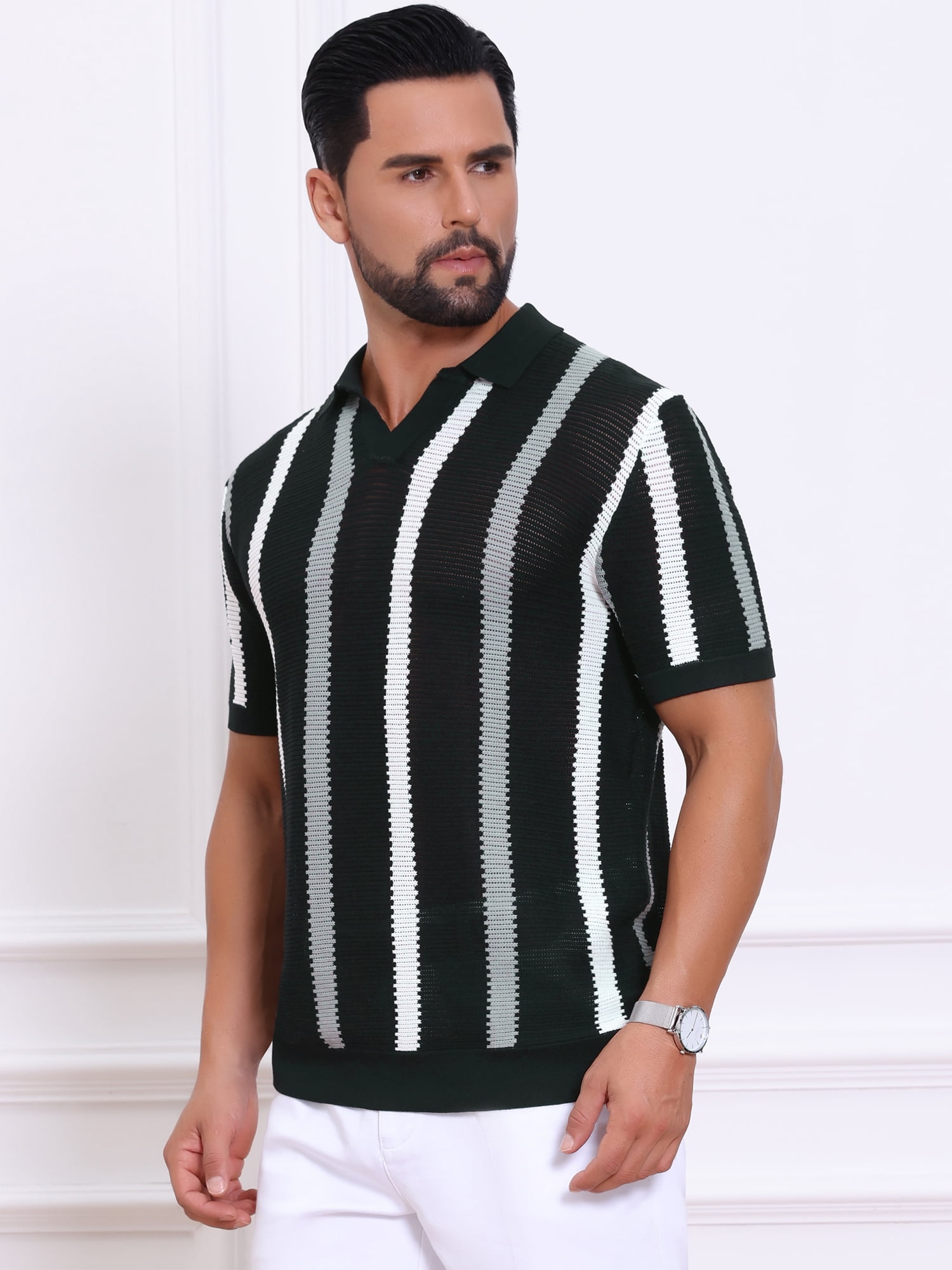 DARING DIVA Men's Hollow Knit Polo Shirt V Neck Short Sleeve Golf Polo Shirts S Black