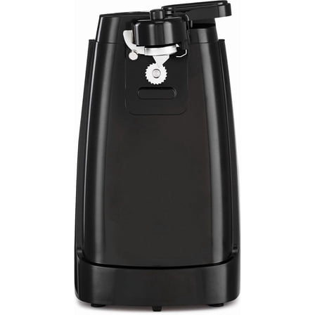 Electric can opener/knife sharpener with detachable cutting rod, power cord storage, and stainless steel blade.