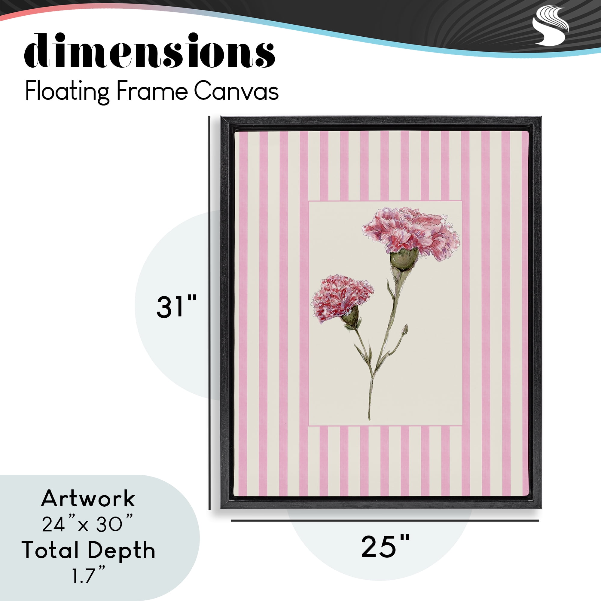 Pink Stripe Carnation Black Framed Floater Canvas Wall Art, design by Lisa Wehmeyer