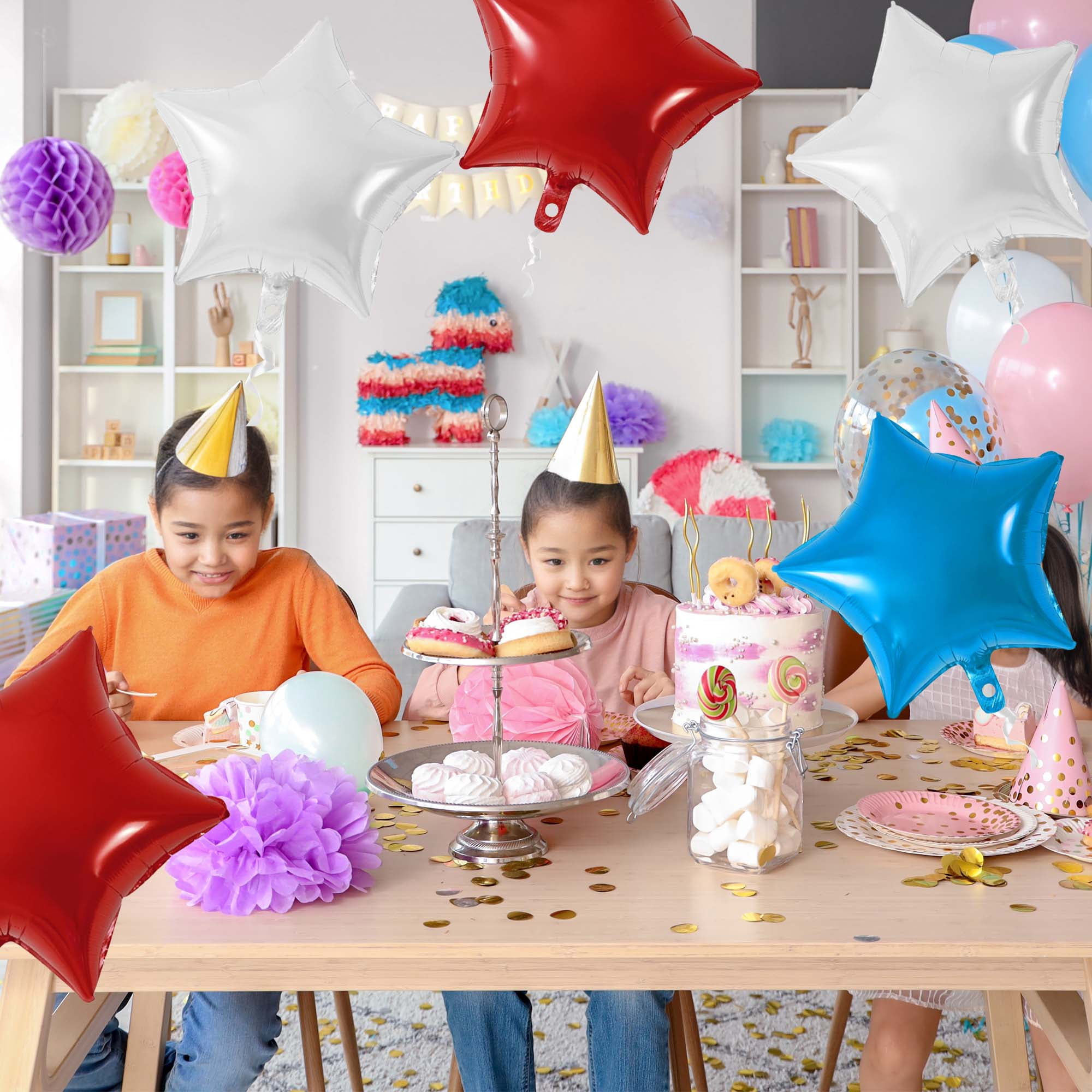 Unique Bargains 10Pcs Helium Balloons with Ribbon Star Pattern Red Blue Silver Tone