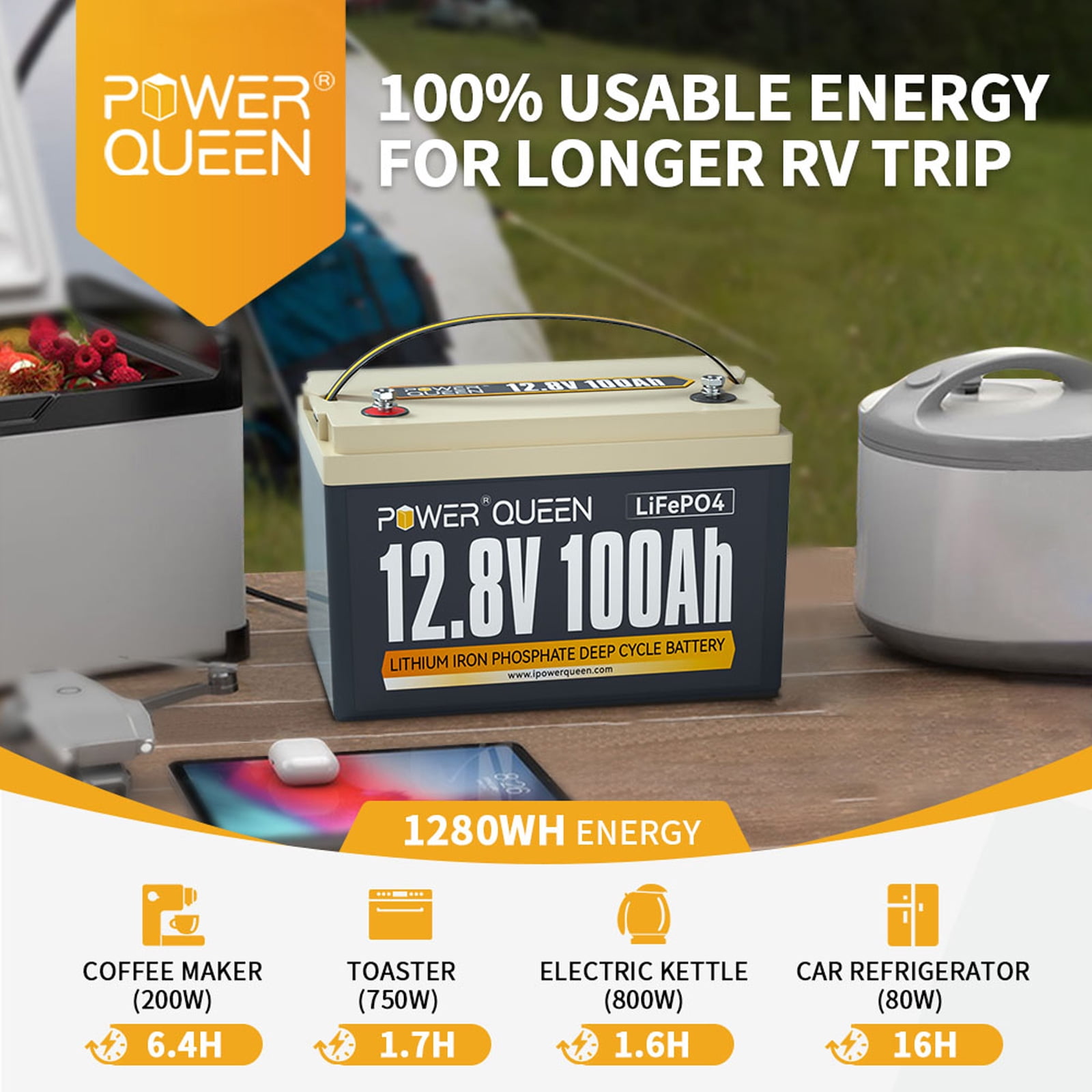 power queen 12V 100Ah Mini LiFePO4 Lithium Battery, Deep Cycle Battery with  Upgraded 100A BMS, Max 1280W Energy, Up to 15000 Cycles & 10-Year Lifespan