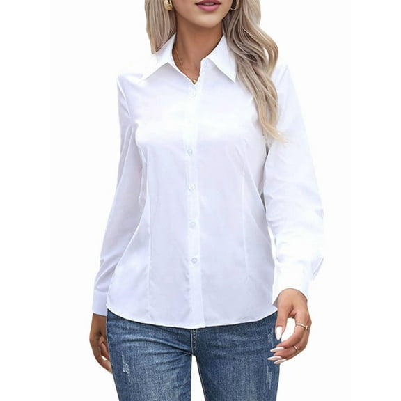 Super Soft Wrinkle Free Button Down Shirts for Women Solid Long Sleeve Striped Formal Work Dress Blouses Tops White XXL
