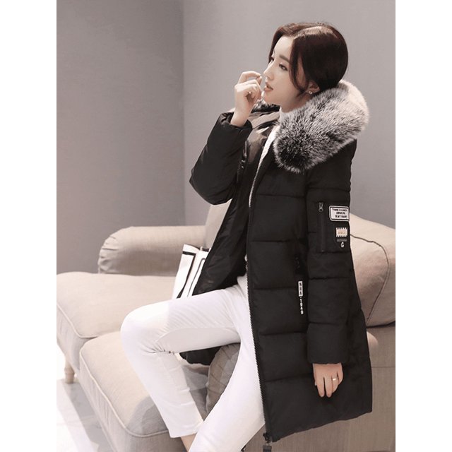 Parka con capucha y cuello de piel para mujer, abrigo largo con diseño de bolsillos y cremallera con parche de letras a la moda, abrigos gruesos y cálidos elegantes para mujer