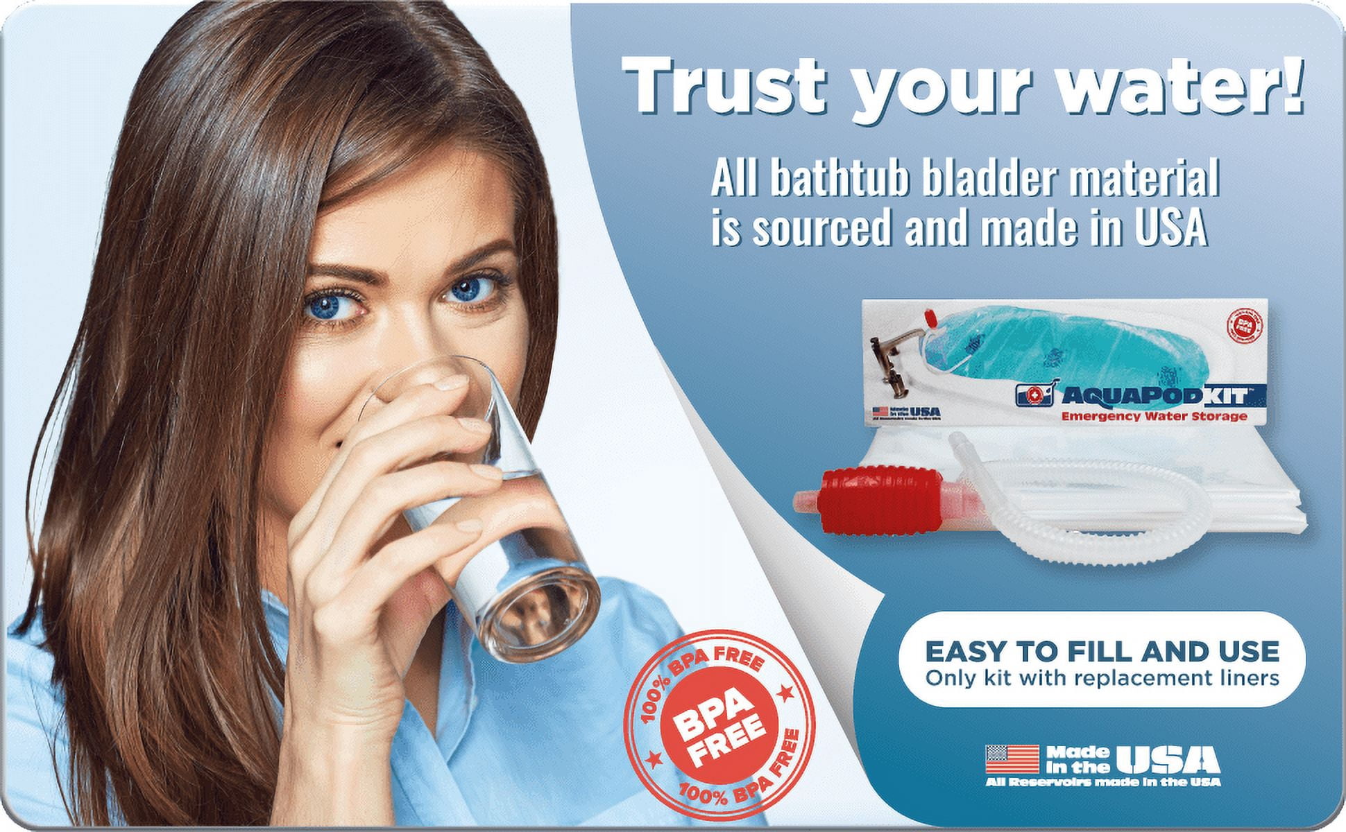 Aquapodkit 65-100 Gallon Emergency Water Storage Bladder BPA Free Food Grade Bathtub Kit with Hand Pump Hurricane Supply - Made in USA! (Box kit)