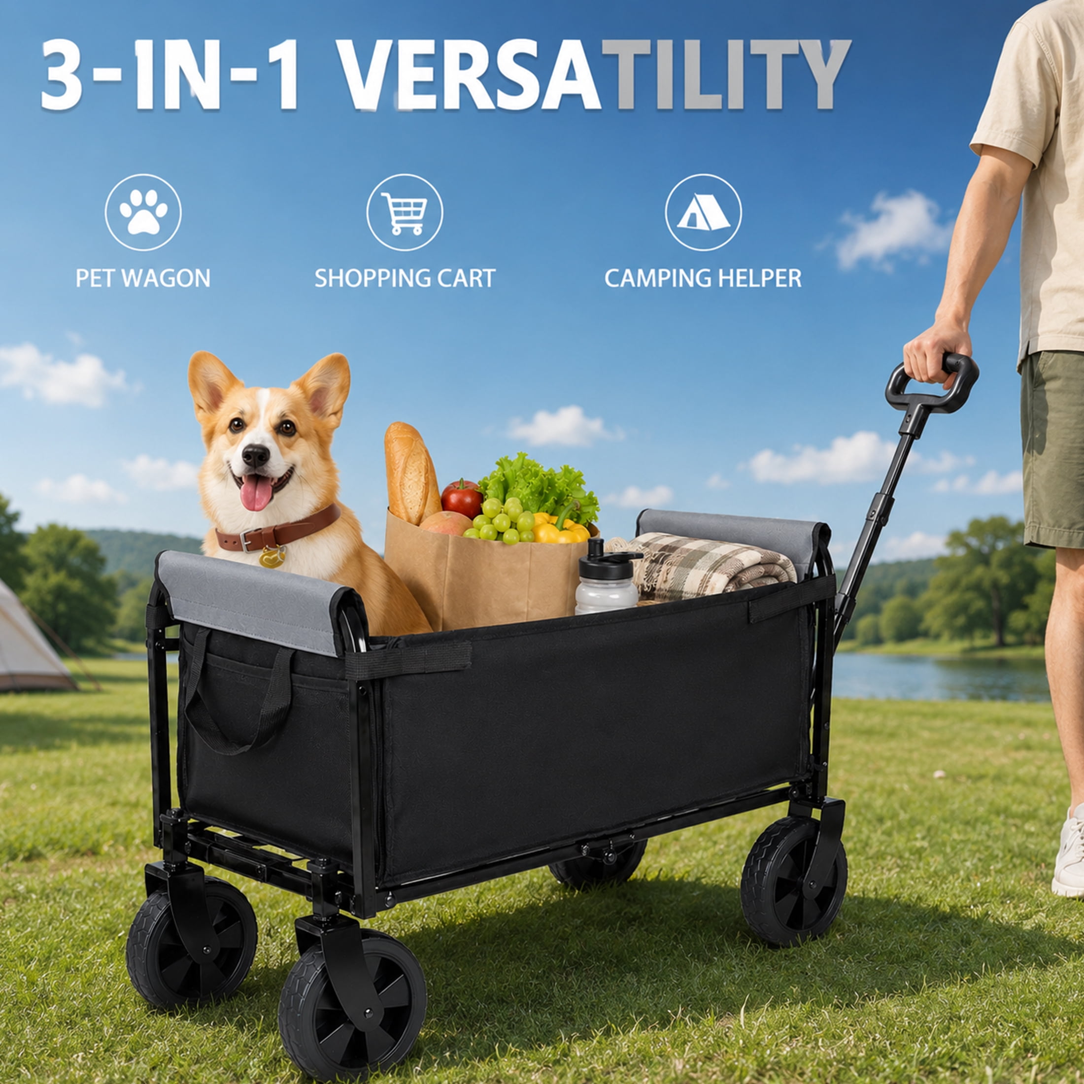 3-in-1 Collapsible Wagon with Wheels, 220 lbs Lightweight Folding Utility Cart with Cup Holders, Pet Wagon, Trunk Organizer for Groceries, Camping, Shopping, Black