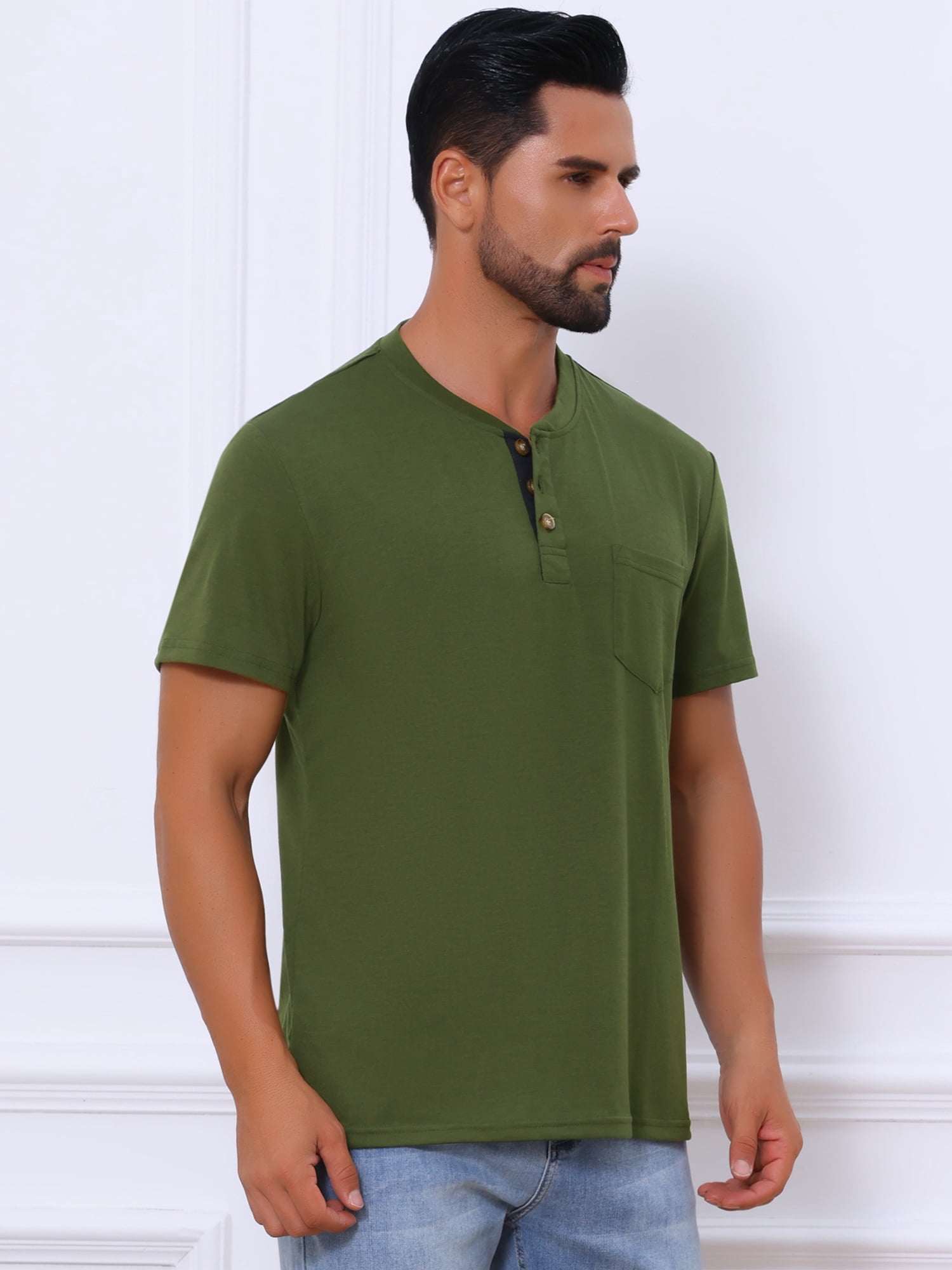 DARING DIVA Men's Casual Summer Short Sleeves Button Henley Basic Tee XL Green