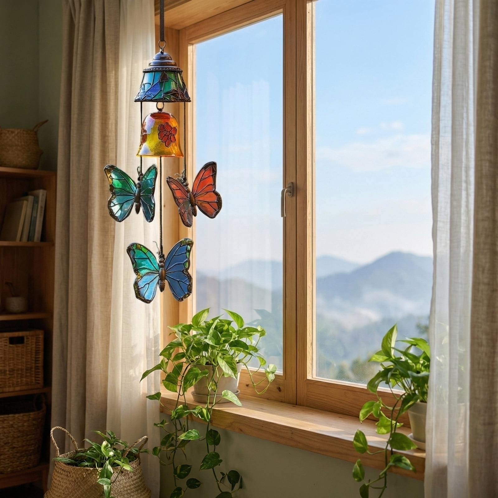 2PC Stained Glass Butterfly Wind Chime With Bells, Vintage Style Hanging Wind Bell for Outdoor Garden Patio, Colorful Butterfly Decor Wind Chime, Great Gift for Mom Grandma Nature Lovers