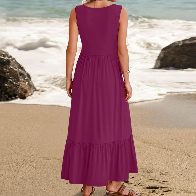 Graduation Dresses For Women 2024 Midi Summer Sleeveless Dress Square Neck Pleated Swing Casual Maxi Dresses With Pockets Beach Dress