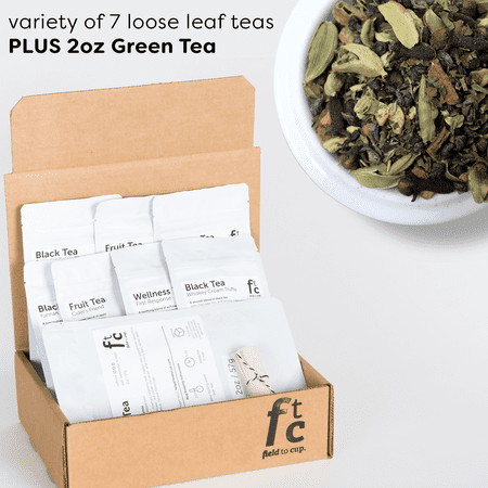 Field to Cup Tea Discovery Box Plus - 8 high quality loose leaf teas - 60+ cups (3.5oz) - Green Tea