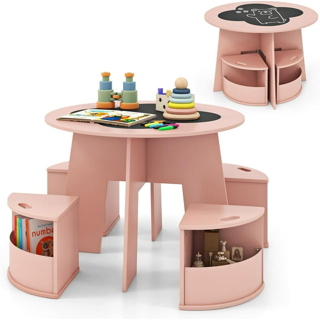 OLAKIDS Toddler Table and Chair Set with 4 Storage Stools, Wooden Flower Shaped Nesting Table with Blackboard Drawers, Children Multi-Activity Table for Art Crafts Draw Read Boys Girls 3+
