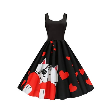 

Women Valentine s Day Print Dress U-neck Sleeveless Zipper Closure Big Hem One-piece Clothes