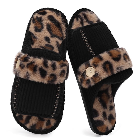 Women Slippers Memory Foam Slip-Resistant House Slippers,Fuzzy,Open Toe,Black Leopard