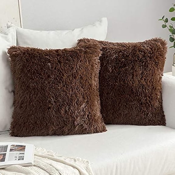 Eryueer Faux Fur Cushion Covers Fluffy Throw Pillow Case Soft Decorative Square Cute Pillow Plush Case For Livingroom Sofa Bedroom 16 x 16 Inch 40 x 40 cm Chocolate Pack of 2