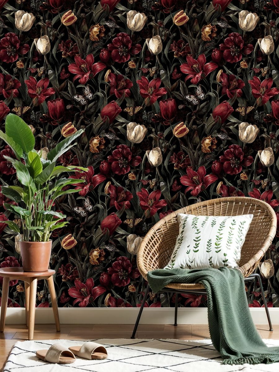 Peel and Stick Wallpaper Vintage Floral Tulips Lilies Butterflies Dark Wall Mural 17.7in x 9.8ft Self Adhesive Removable Wall Paper Renter Friendly Wallpaper for Nursery Bedroom Cabinets
