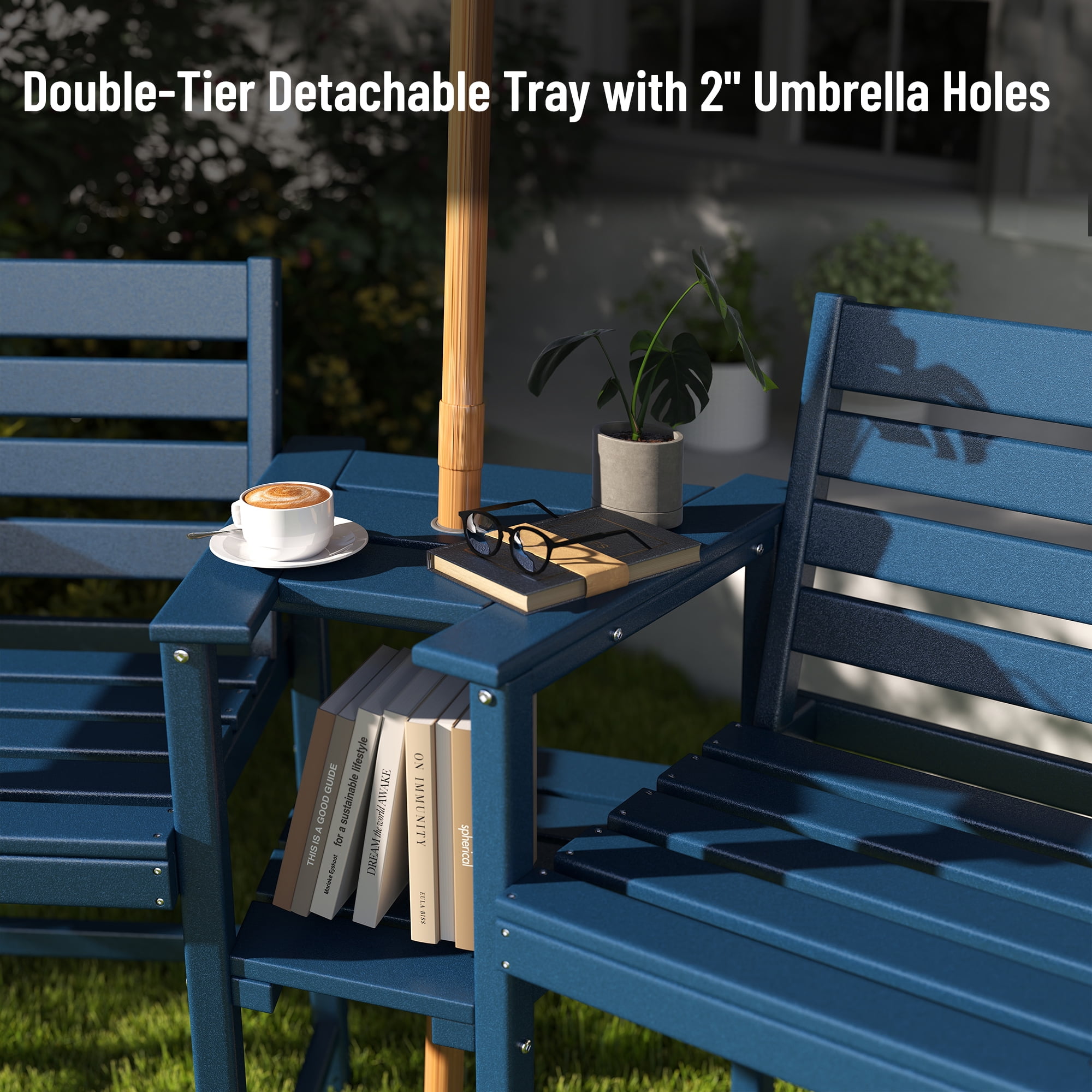FOOWIN HDPE Plastic Tall Adirondack Chair Set of 2 W/ Outdoor Barstools and Connecting Tray, Blue