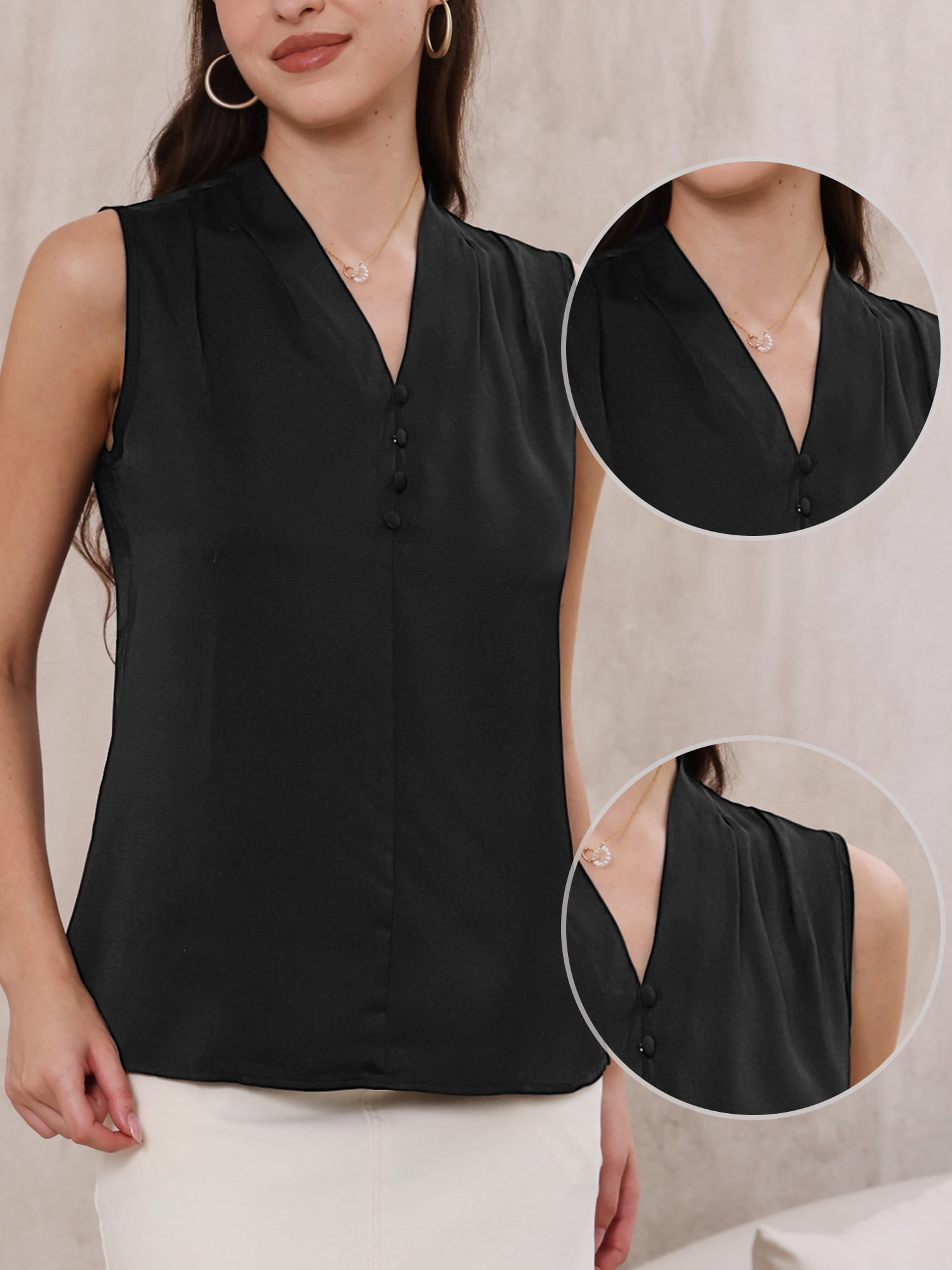 DARING DIVA Women's Satin Tank Top Sleeveless V Neck Business Satin Work Blouse L Black