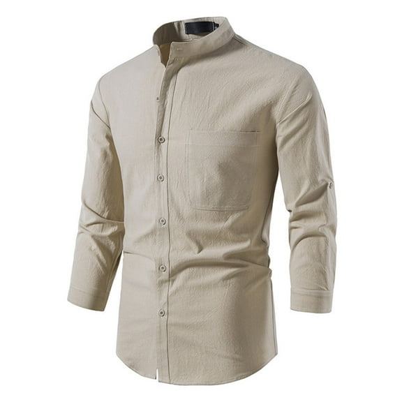 WREESH Men's Spring and Summer Cotton Linen Shirt Solid Button Down Shirt Long Sleeve Casual Stand Collar Shirt Khaki