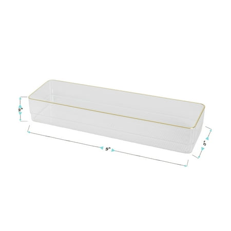 Martha Stewart - Kerry Set of 8 Plastic Stacking Desk Drawer Organizers with Gold Trim - 9 x 3 - Clear/Gold Trim