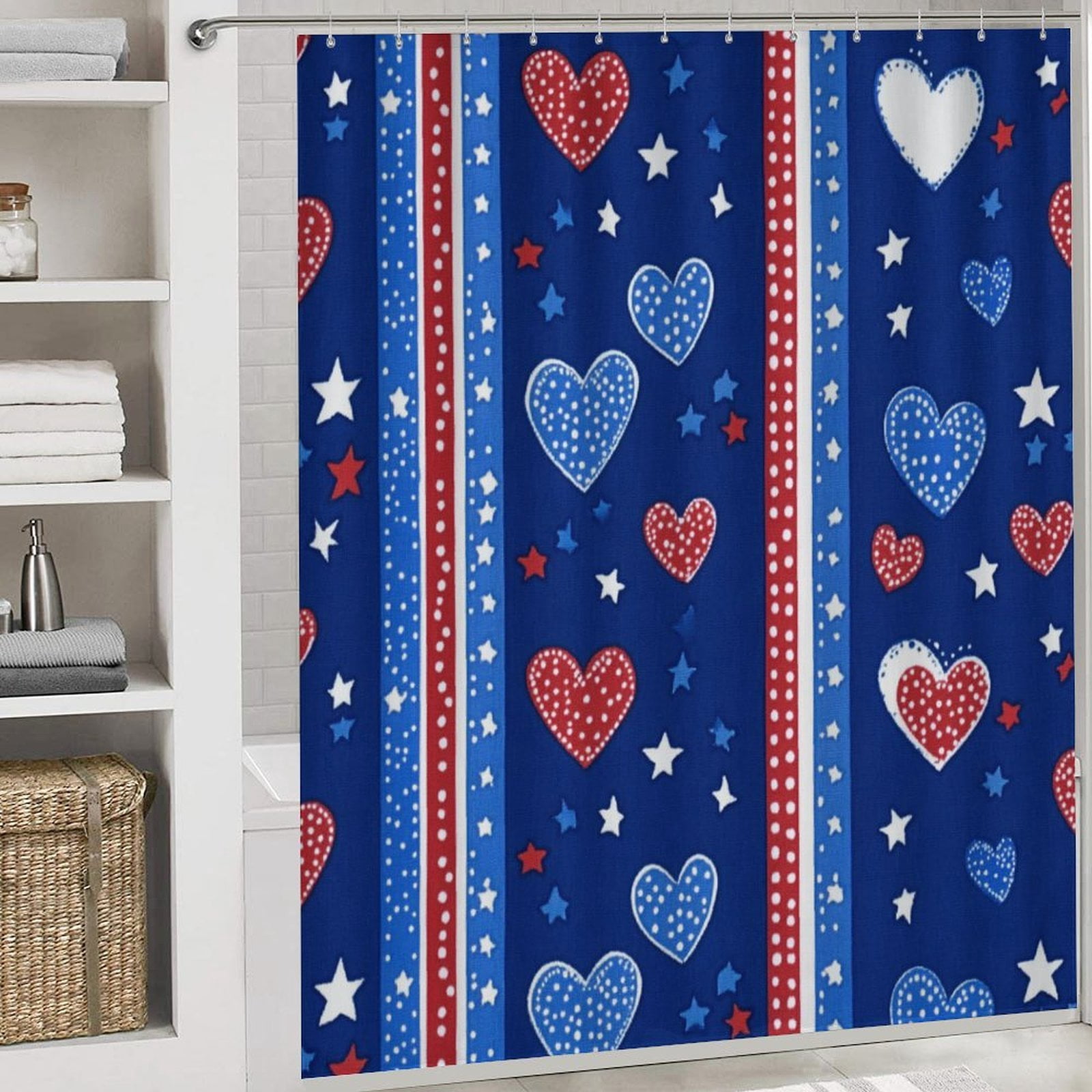 Shower Curtain Sets with Rugs 4 Piece USA Hearts & Stars Bathroom Sets with Curtain Rug Toilet Cover And U Shaped Mat Memorial Day Decorations Farmhouse Bathroom Shower Set for Bathroom Decor