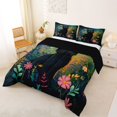 thumbnail image 3 of Manfei Cartoon Cat Full Size Comforter Sets, Boho Flower Botanical Bedding Comforter Set, Navy Green, Black Reversible, 3pcs, 1 Comforter and 2 Pillowcases, 3 of 7