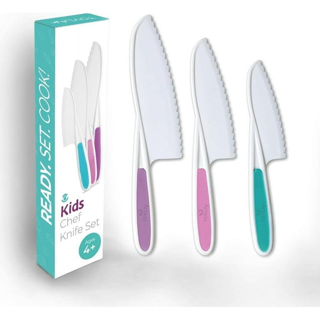 Tovla Knives for Kids 3-Piece Nylon Kitchen Knife Set: Children's Cooking Knives in 3 Sizes & Colors/Firm Grip Serrated Edges BPA-Free Kids' Knives/Safe Lettuce and Salad Knives