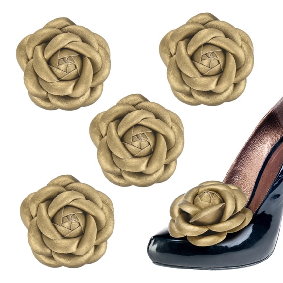 Uxcell 4-Pack Decorative Rose Shoe Clips, Faux Leather Removable Fashion Flower Shoe Clips Buckle Brooches Charm Embellishments [Gold Tone]